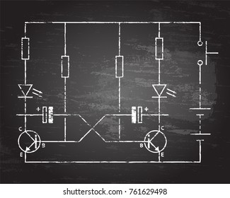 Simple flip flop circuit hand drawn on blackboard background.
