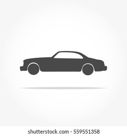 simple floating classic sedan car icon viewed from the side colored in flat dark grey with drop shadow