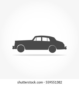 simple floating classic sedan car icon viewed from the side colored in flat dark grey with drop shadow