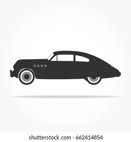 simple floating classic sedan car icon viewed from the side colored in flat black with detailed rims and drop shadow
