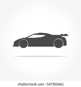 simple floating racing car icon viewed from the side colored in dark grey with drop shadow