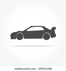simple floating racing car icon viewed from the side colored in flat dark grey with drop shadow