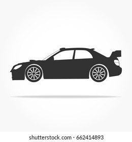 simple floating racing car icon viewed from the side colored in flat black with detailed rims and drop shadow