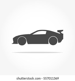 simple floating sports car icon viewed from the side colored in dark grey with drop shadow