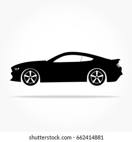 Simple Floating Sports Car Icon Viewed From The Side Colored In Flat Black With Detailed Rims And Drop Shadow