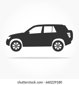 simple floating suv car icon viewed from the side colored in flat black with detailed rims and drop shadow