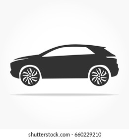 simple floating suv car icon viewed from the side colored in flat black with detailed rims and drop shadow