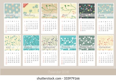 Simple floral 2016 year vector calendar