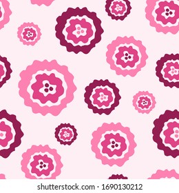 Simple floral abstract vector seamless pattern. Silhouette of pink flowers of a round shape, different sizes, shades on a pale light background. For prints of fabrics, clothing, textile products.