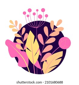 A simple floral arrangement with flowers and a bow. A bouquet with abstract yellow and red flowers, twigs and berries. Vector botanical illustration isolated on a white background