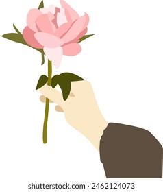 A simple floral arrangement, a hand holding a peony