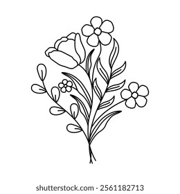 Simple Floral Arrangement Line Art, Minimalist Black and White Illustration with Flowers and Leaves