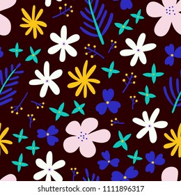 Simple Floral Background. Abstract seamless pattern with different Flowers. Botanical texture in bright colors, perfect for packaging and stationery design.