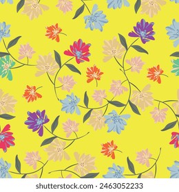 Simple Floral Background. Abstract seamless pattern with different Flowers. Botanical texture in bright colors, perfect for packaging and stationery