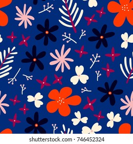Simple Floral Background. Abstract seamless pattern with different Flowers. Botanical texture in bright colors, perfect for packaging and stationery design.