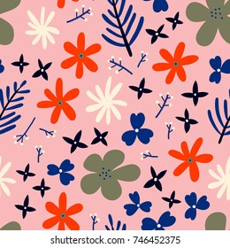 Simple Floral Background. Abstract seamless pattern with different Flowers. Botanical texture in bright colors, perfect for packaging and stationery design.