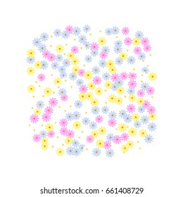 Simple Floral Background. Chaotically Scattered Daisy Flowers. Random Ditsy Backdrop for Postcard