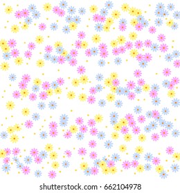 Simple Floral Background. Chaotically Scattered Daisy Flowers. Random Ditsy Backdrop for Postcard