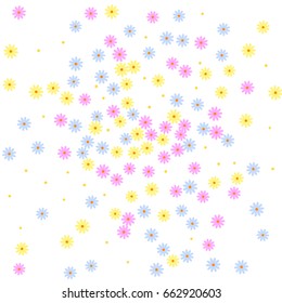 Simple Floral Background. Chaotically Scattered Daisy Flowers. Random Ditsy Backdrop for Postcard