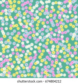 Simple Floral Background. Chaotically Scattered Daisy Flowers. Random Ditsy Backdrop for Postcard