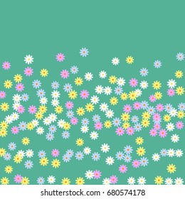 Simple Floral Background. Chaotically Scattered Daisy Flowers. Random Ditsy Backdrop for Postcard