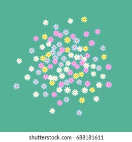 Simple Floral Background. Chaotically Scattered Daisy Flowers. Random Ditsy Backdrop for Postcard