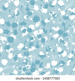 Simple floral background with white and blue flowers. Drawn seamless floral texture. Blue ornament to decorate fabrics, textiles, tiles and paper on the wall.