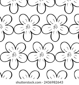 Simple floral black and white pattern.Vector texture in doodle style.