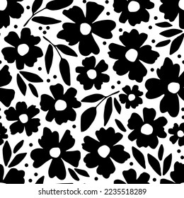 Simple floral black and white vector seamless pattern. Silhouette of flowers, leaves. For fabric prints, textile products, packaging, stationery.