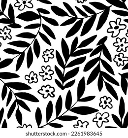 Simple floral black and white vector seamless pattern. Silhouette of flowers, branches and leaves. For fabric prints, textiles, packaging, stationery.