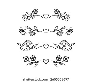 Simple Floral Borders With Hearts Design Elements Black And White Color Vector 