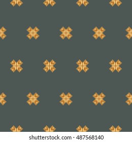 Simple floral brown seamless stitching pattern on a dark grey background. Pixel art. Vector illustration