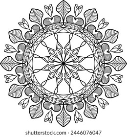 A simple floral circle mandala design of black color stroke.