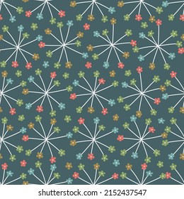 Simple floral dandelion seamless pattern. Cute flat botanical illustration with abstract dandelions. Abstract colorful floral pattern on green background.