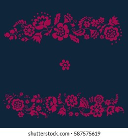 Simple floral decorative element inspired by Ukrainian folk culture. Monochrome red flower silhouette stylized in naive retro