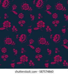 Simple floral decorative seamless pattern inspired by Ukrainian folk culture. Monochrome red flower repeatable element for cloth, fabric, background, wrapping paper