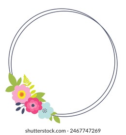 Simple floral design elements, frames, labels in flat cartoon style. 