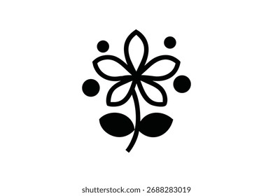 Um design floral simples com uma flor com cinco pétalas, duas folhas e três pontos. O design é em preto e branco e é isolado em um fundo branco. Gráfico vetorial.