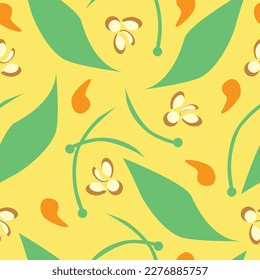 Simple floral design with a yellow background. Vector illustartion. Seamless pattern. Leaf, flower, and twig in a geometric pattern.
