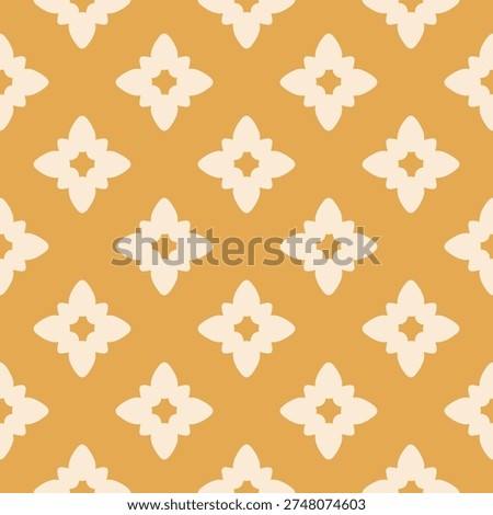 Simple floral geometric seamless pattern. Cute elegant vector geometric texture with bold flower silhouettes. Retro vintage mid-century style background. Yellow color ornament. Repeatable geo design