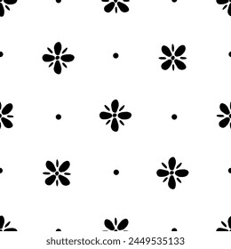 Einfache florale geometrische Vektorgrafik nahtloses Muster. Schwarze kleine Blüten, Punkte auf weißem Hintergrund. Für Stoffdrucke, Verpackung.