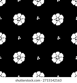 Patrón sin fisuras de Vector geométrico floral simple. Flores blancas sobre fondo negro. Para estampados de tela, productos textiles, camisas de hombre, embalaje.