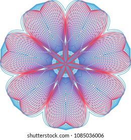 Simple floral guilloche rosette with central star shape and two color palette of light blue and bright red waves.