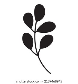 Simple floral hand drawn vector illustration. Branches with leaves. Black silhouette on a white background. Elements for design, decoration, pattern making.