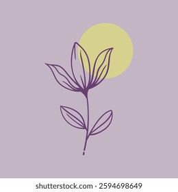 Simple floral illustration with a minimalist design. Purple flower and yellow circle on a light purple background. Perfect for branding or decoration.