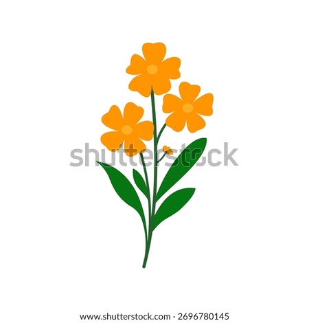 Simple floral illustration. Three orange flowers with green leaves on a white background. Minimalist botanical design. with intricate details and high visual appeal.
