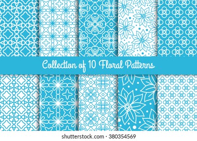 Simple floral light blue and white seamless patterns set. Vector illustration