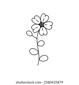 Simple Floral Line Drawing with Single Bloom. Minimalist doodle vector black and white line art illustration of single flower with a curved stem, leaves and a round center