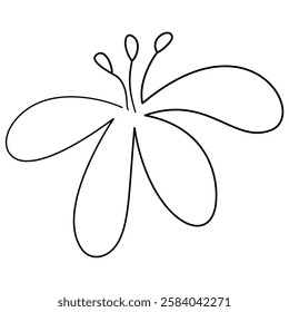 Simple Floral Line Drawing with Single Bloom. Minimalist doodle vector black and white line art illustration of single flower with a curved stem.