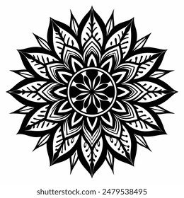 Vector de Mandala floral simple flores negras sobre fondo blanco